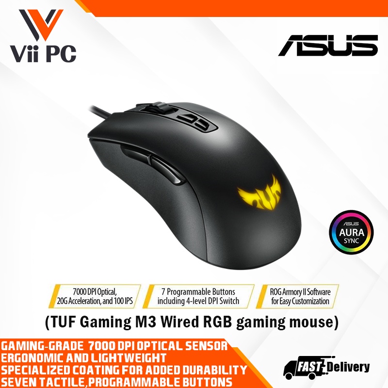 ASUS TUF Gaming M3 ergonomic wired RGB gaming mouse with 7000dpi