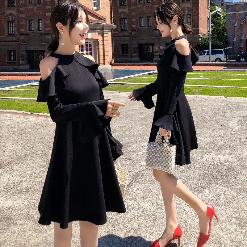 Women S Black Dress Retro Thin Long Sleeve Off Shoulder A Line Halter Dress Shopee Singapore