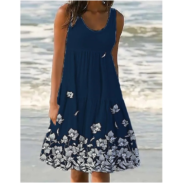 Image of Women's Shift Dress Knee Length Dress Blue Sleeveless Print Color Block Pocket Print Spring Summer U Neck Casual Vacation #2