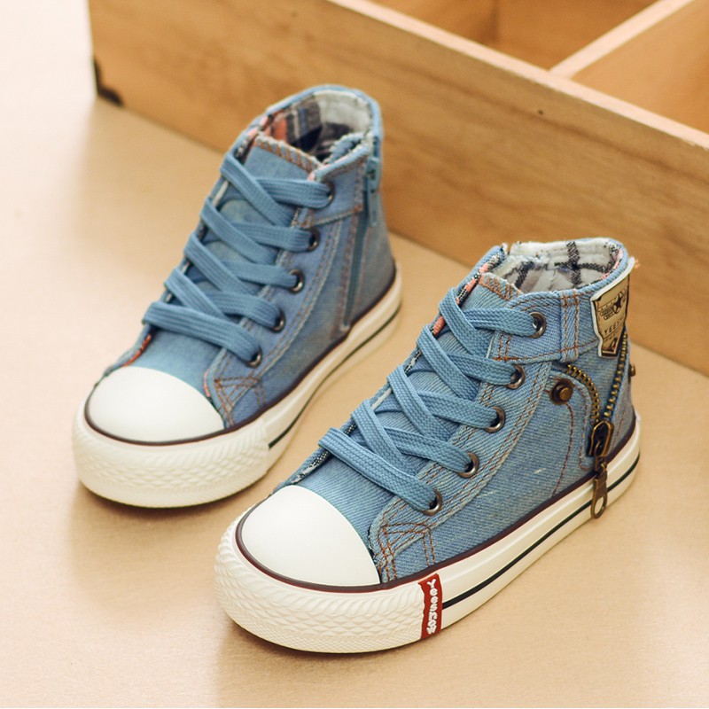 new Canvas zip kid Shoes Boys Sneakers Girls Jeans Denim Flat high help causal shoes 25-37