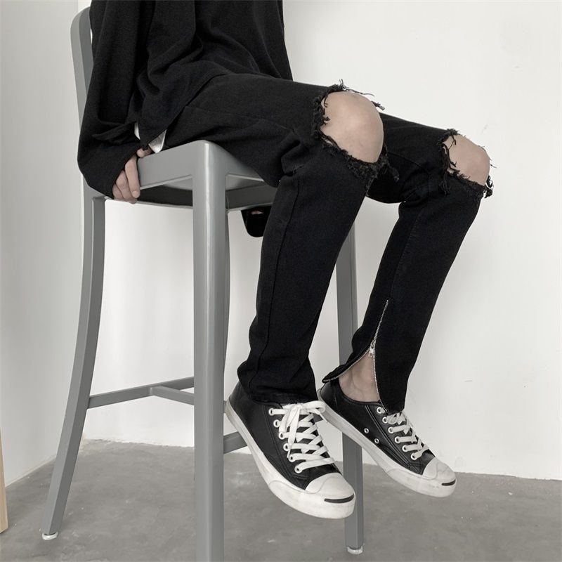 black ripped jeans men's slim straight