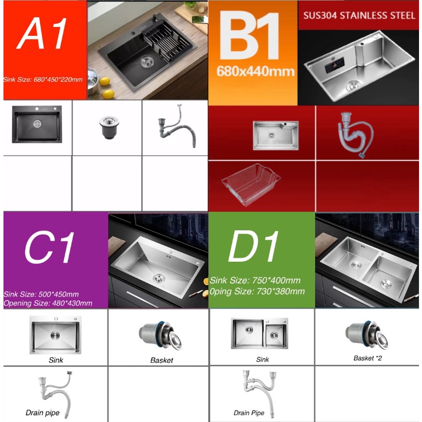 SG STOCK SUS304 Stainless Steel Kitchen Sink Single Bowel Washing Sinks