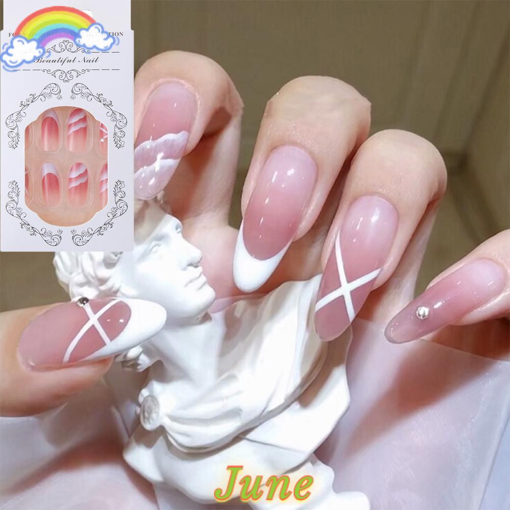 June 24pcs Box Fashion Oval Head False Nails French Nail Tips Wearable Artificial Detachable Manicure Tool Full Cover Fake Nails Shopee Singapore