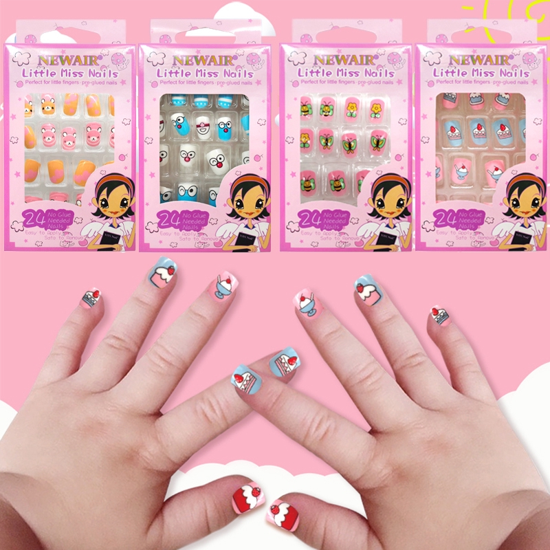 24 Pcs Press On Children Candy False Nail Tips Cartoon Full Cover Kid Pink Fake Nail Art For Little Girls Manicure Tools Shopee Singapore