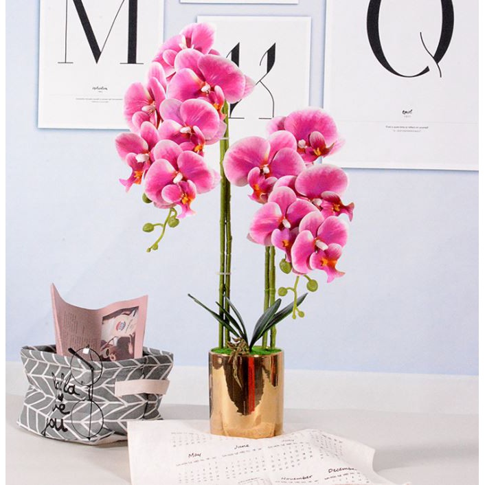 Artificial Orchids Flowers in Gold Pot Fake Orchid Plants, Home Office