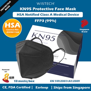 Wistech Black KN95 Protective Facemask , 10 pieces, HSA Notified Medical Device FDA CE Approved, Fast delivery