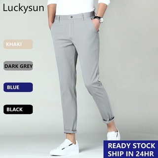 Image of LUCKYSUN Casual Pants Men Slim Fit Office Work Pants Plus Size Formal Black Grey Pants