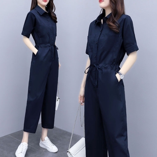 Image of 2022 New Ice Silk Korean high waist short sleeve jumpsuit, waist slimming fashion casual suit
