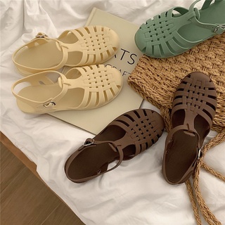 Image of Sandals Female Summer Ins Fairy Wind Flat Jelly Shoes Korean Retro Bag Head Hollow Knit Roman Beach Shoes