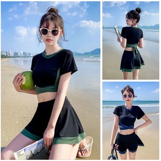 Women Swimming Suit -- Swimsuit Women's Skirt Split Sports Style Two-Piece Set Conservative Skinny Students Small Chest Gathering South Korea ins Swimming Dress