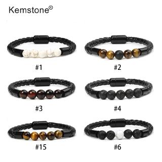 Image of Kemstome 8MM Tiger Eye Lava Stone Synthetic White Turquoise Woven Leather Magnetic Buckle Bead Bracelet for Men