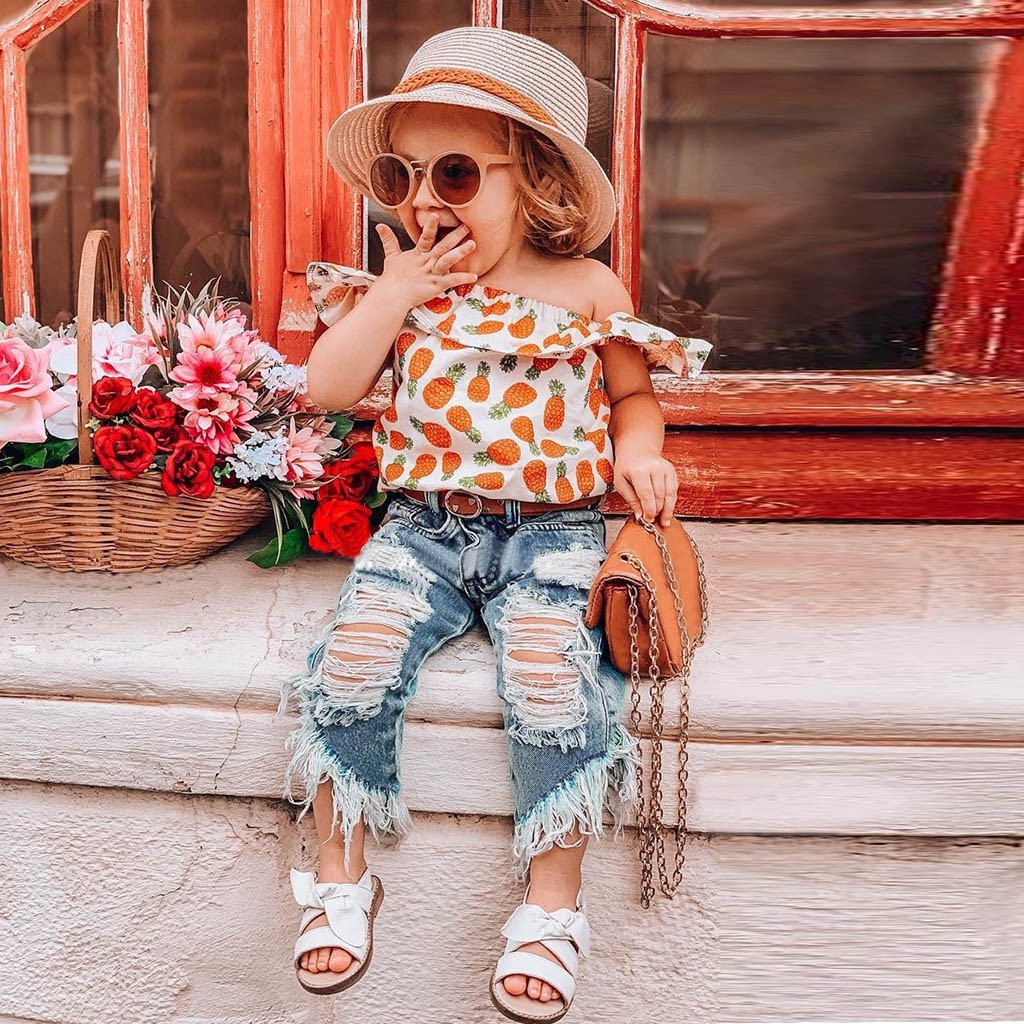 Toddler Kids Baby Girls Outfits Clothes Pineapple Print Shirt Top Hole Jeans Set Shopee Singapore