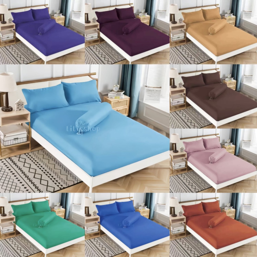 Plain Fitted Bedsheet Set with Pillow case and Bolster case 890TC ...