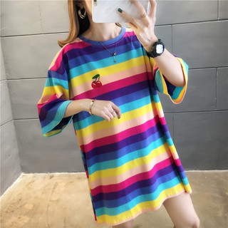 Rainbow short sleeve t shirt  Women loose large size blouse  