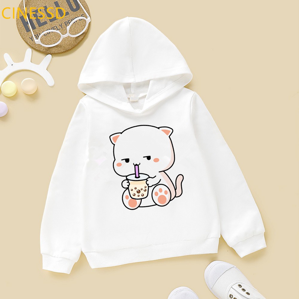 Haruku Kawaii Cat Love Boba Cartoon Hoodie Baby Boys Girls Sweatshirt Winter Spring Top Children's Clothes White Kids_voghion.com