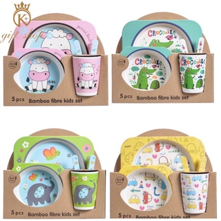 [K Plus🇸🇬] 5Pcs/Set Kids Bamboo Fiber Tableware Cartoon Pattern Toddler Plate & Cup Utensil Spoon & Fork