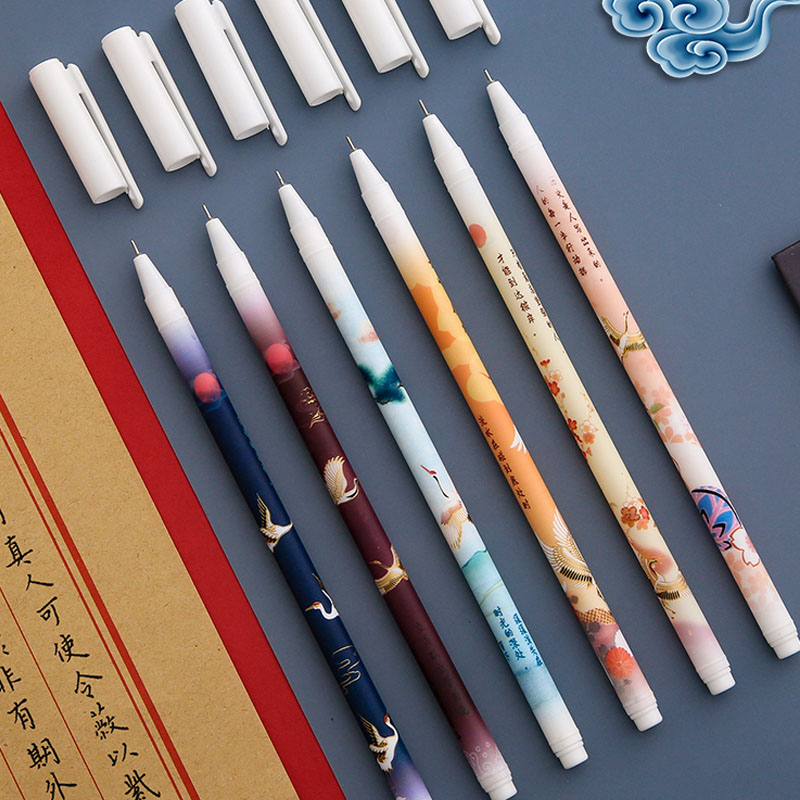 6 Pcs 0.5mm Chinese Style Black Ink Gel Pen Art Writing Utensils
