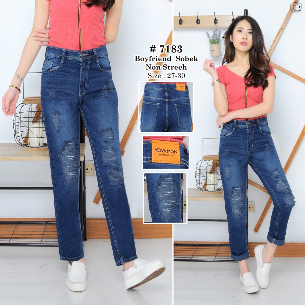 Women S Long Boyfriend Jeans Ripped Shopee Singapore