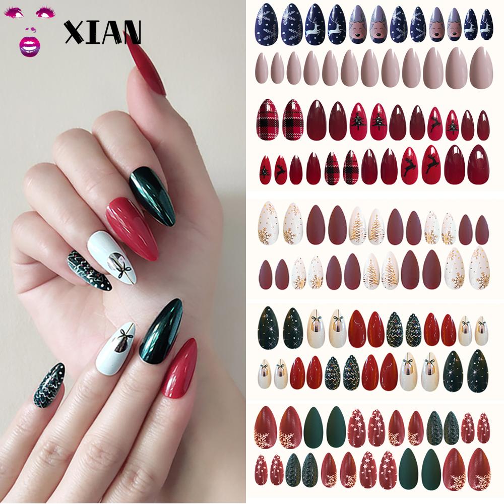 Xianstore Christmas Designs Stiletto Fake Nails Nail Art Tool Press On Nails False Nails Detachable Artificial Nails Art Tips Diy Acrylic Full Cover 24pcs Box Shopee Singapore