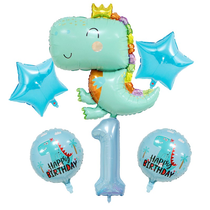 6pcs/set Sky Blue Crown Dinosaur Foil Balloons 100cm Number Helium Balloon Children Boy Dinosaur Theme Globos Birthday Party Decoration Kids