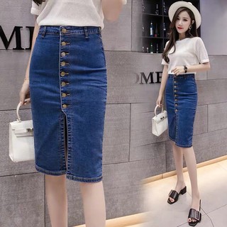 Image of 【X-style】Fashion high waist stretch denim skirt slim single breasted skirt