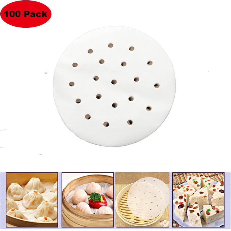 50 Count WRAPOK 8 Inch Bamboo Steamer Paper Air Fryer Liners Round Perforated Parchment Non-Stick for Baking Steaming Basket Cooking Cake Pans Circle 