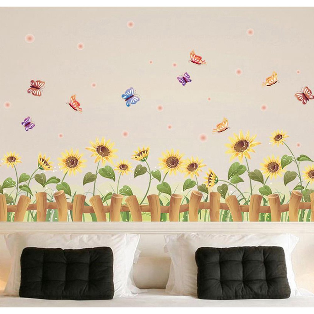 Sunflower Fench Butterflies Wall Decals Sticker Home Living Room Decor Wallpaper