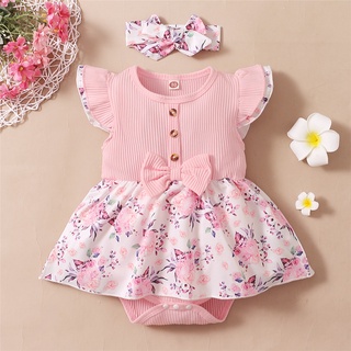 0-18 Months Baby Girl Romper Dress Fly Sleeve Romper Jumpsuit Floral Dress with Headband