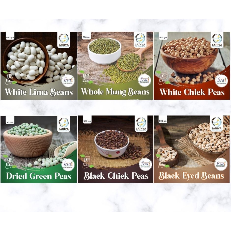 Sathva Beans 500g Pack (Lima Bean, Green Peas, Black Eyed Bean, Black