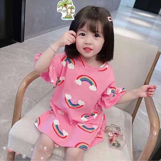 Cute Girls T-shirt Dress Summer Baby Girl Korean Version Rainbow Pattern Dress Children's Mid-length Dress #0