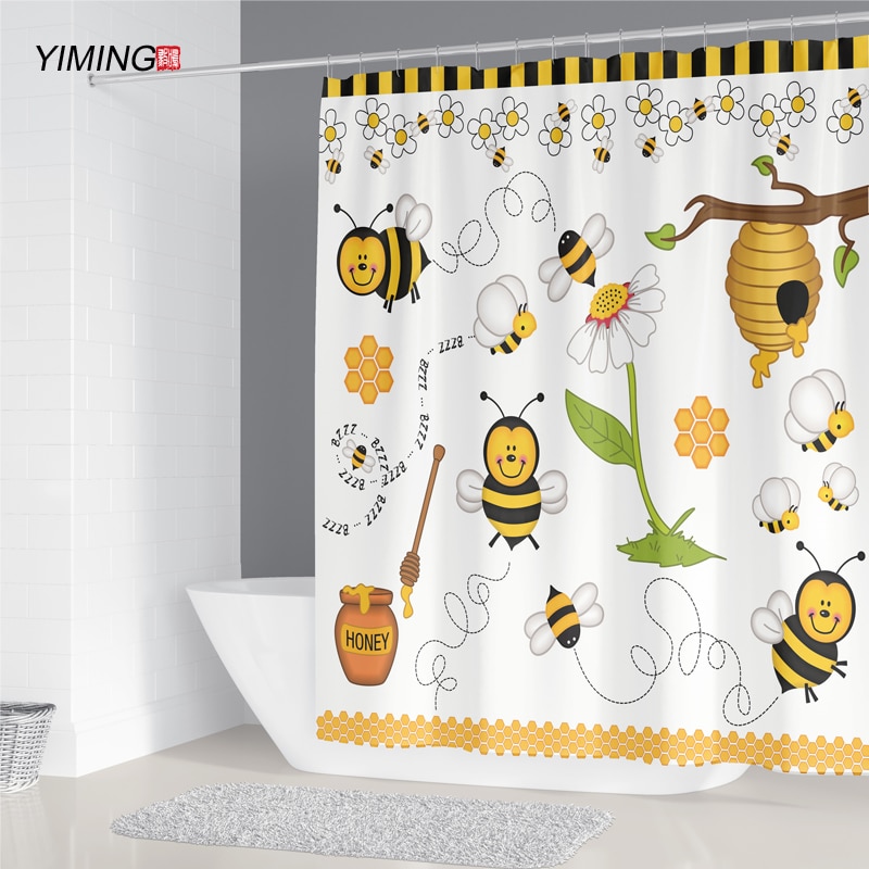 Cute Cartoon Bee Shower Curtain Mildew, Bee Shower Curtain Hooks