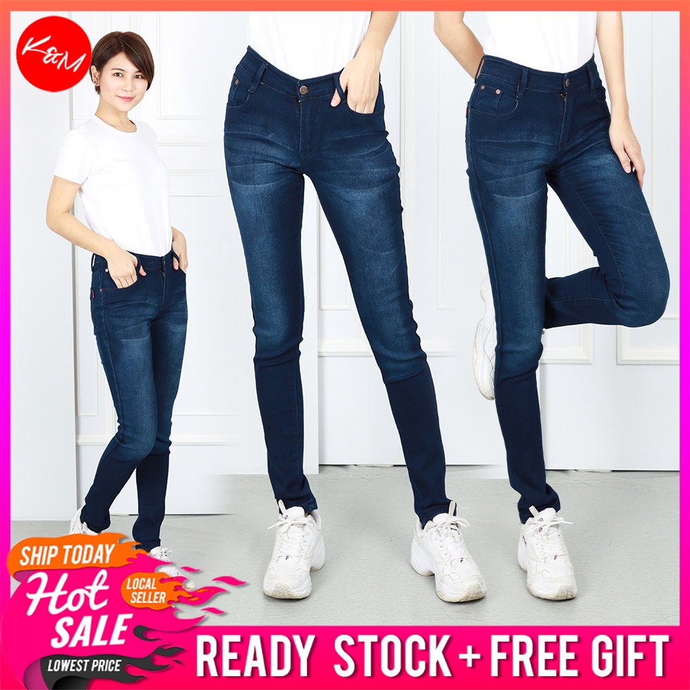 Km Women Plus Size 27 40 Elastic Ready Stock Casual Slim Fit Blue Skinny Mid Rise Jeans Wanita Besar J Shopee Singapore