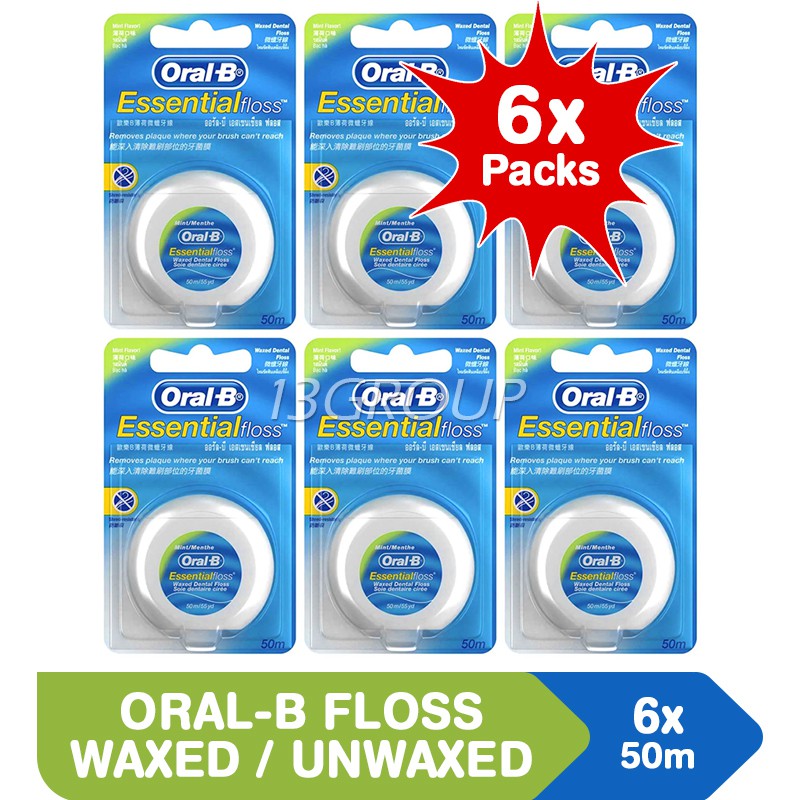 6x PACKS Oral B Essential Dental Floss 50M Mint Waxed ...