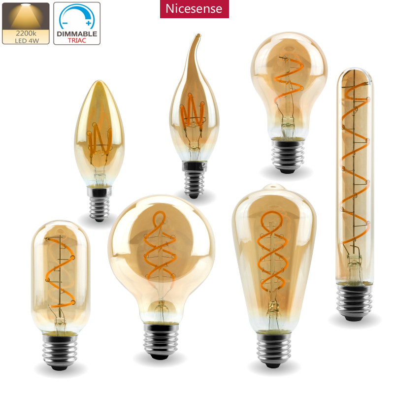 4W Dimmable LED Vintage Lamp E14 E27 Warm Yellow Retro LED Spiral ...