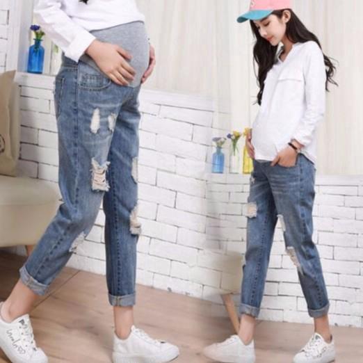 Ready Stock Pregnancy Hole Ripped Denim Jeans Maternity Loose Casual  pants