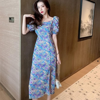 Fashion Wild Korean Women Long Puff Sleeve Short-sleeved Summer Dress ...
