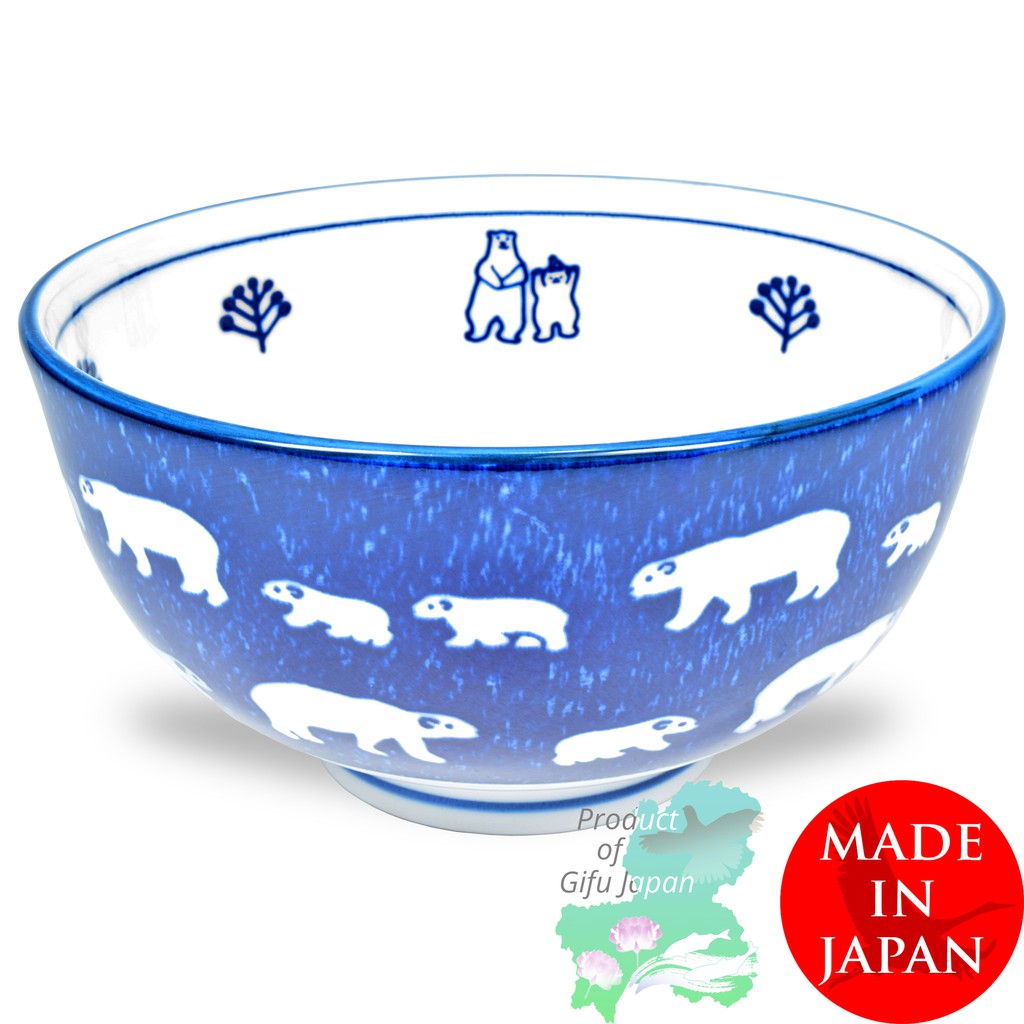 Navy Polar Bear Design Rice Ramen Noodle Soup Sarada Pasta Mino Ware Japanese Donburi Rice Bowl 6.2 inch 31 oz 