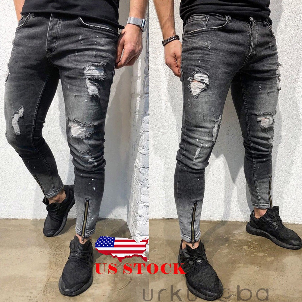 New Fashion Men Ripped Jeans Pant Hole Skinny Biker Jean Destroyed Frayed Slim Shopee Singapore