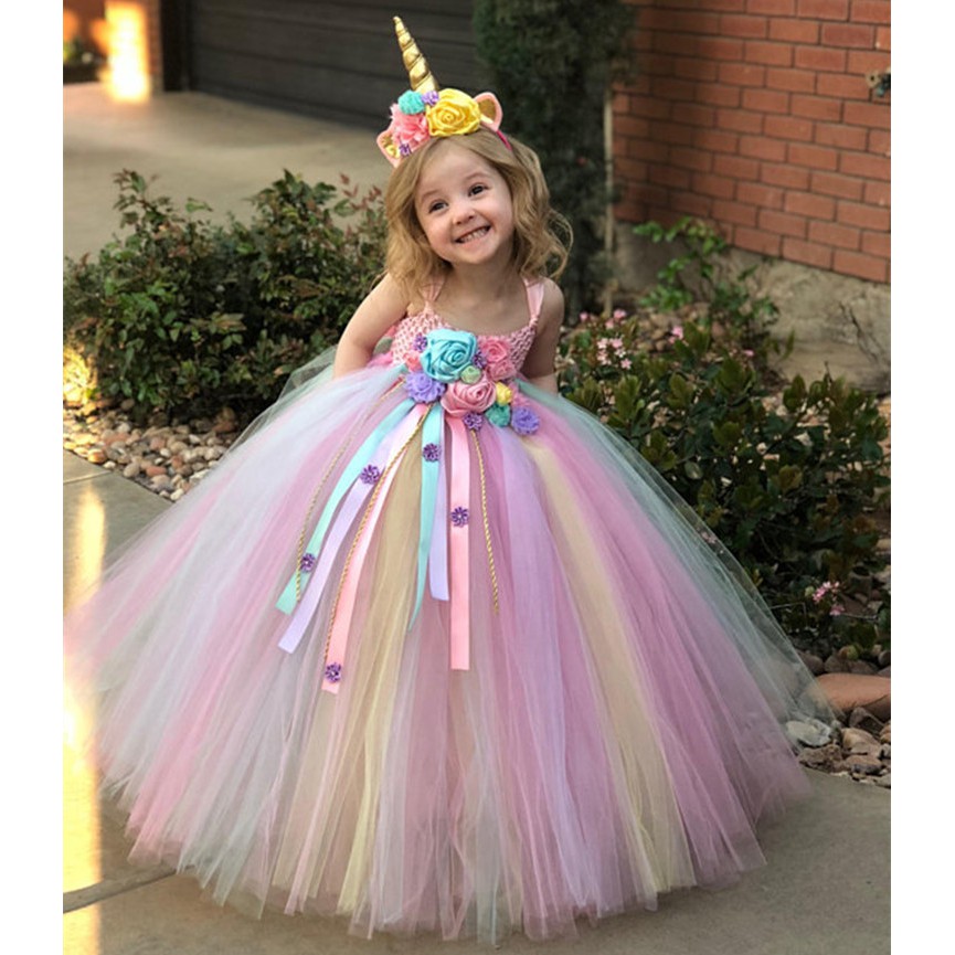 Girls Pastel Unicorn Flower Tutu Dress Kids Crochet Tulle Strap Dress Ball Gown With Daisy Ribbons Children Party Costume Dress Shopee Singapore