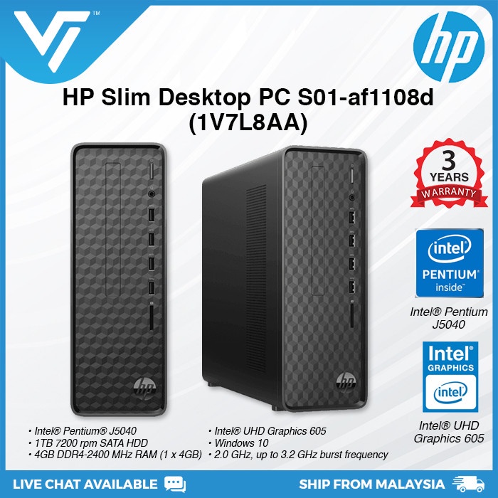 Hp Slim Desktop Pc S01 Af1108d 1v7l8aa J5040 4gbd4 1tb W10 3yr Shopee Singapore