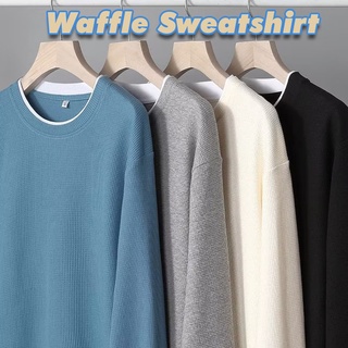 Cotton Long Sleeve Waffle Sweatshirt Men Round Neck Oversize Sweater Basic Model Fake Two-Piece Knit Long Sleeve Tshirt