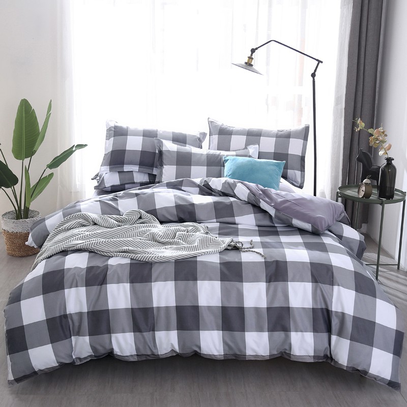 Grey Plaid Duvet Cover Fashion Design Flat Sheet Bed Linen Set