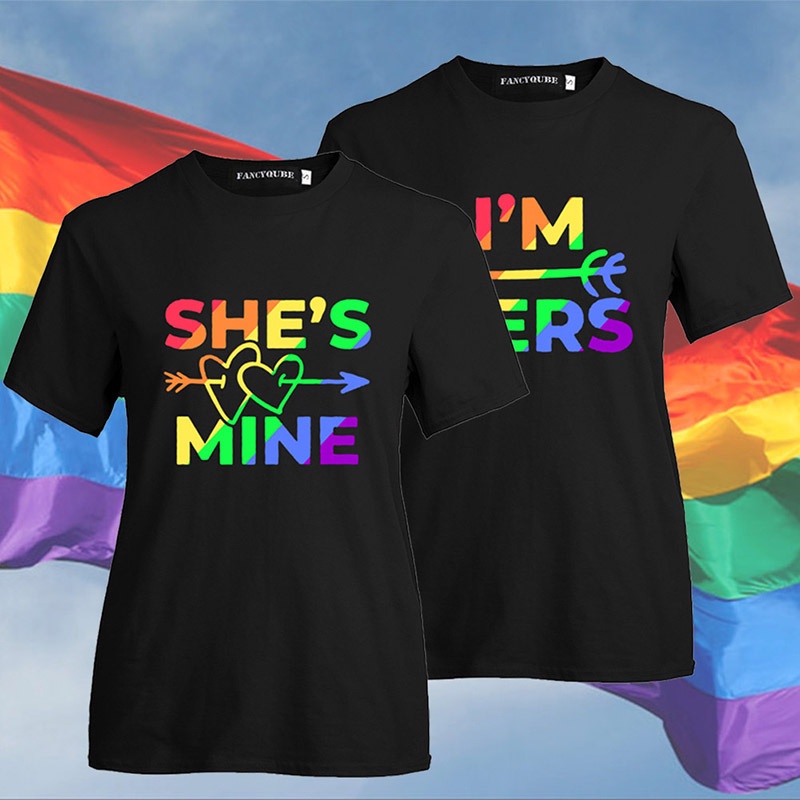 Image of New Lesbian Couple T-shirt  Rainbow Pride Tops I'M HERS SHE IS MINE Letter Print Female Short Sleeve Tees #4