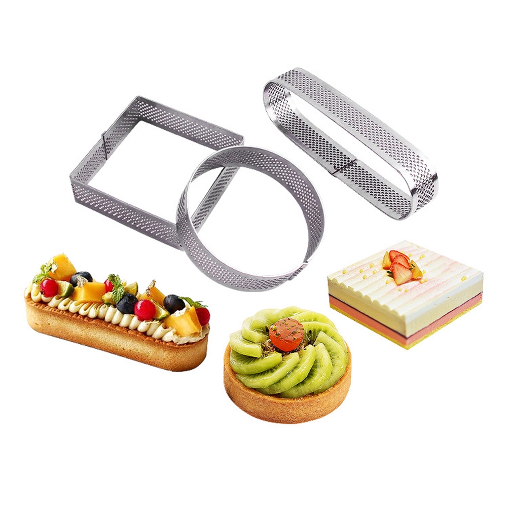 Non-Stick Bottom Tower Pie Cake Mould SITAKE 6 Pcs Stainless Steel Perforated Tart Rings Heat-Resistant Porous Cake Mousse Molds 3 Round + 3 Oval