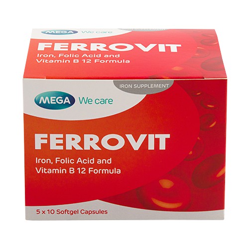 Mega We Care Ferrovit (Iron, Folic Acid, Vitamin B12) 50’s Softgel Capsules