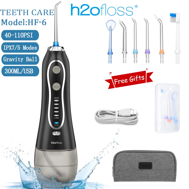 H2ofloss Water Flosser for Teeth Cordless , IPX7 Waterproof Dental Oral Irrigator with 5 Modes, 300ML Water Tank and 6 Jets for Tooth Brace Cleaning
