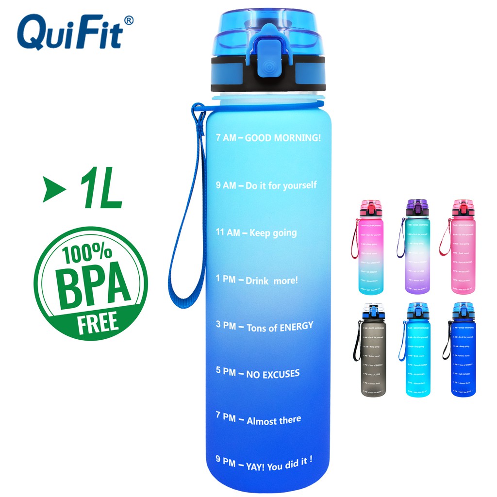 QuiFit 1L Mid Mouth Tritan Water Bottle With Flip Lid Time Marker BPA ...