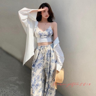 ORT-Women 2 Pieces Outfits，Floral Print V-Neck Camisoles + Drawstring Elastic Waist Long Pants