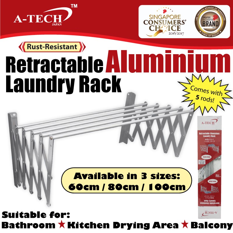 ★A-TECH™ ★ Retractable Aluminum Laundry Rack ★ Rust-Resistant ★ 【3 ...