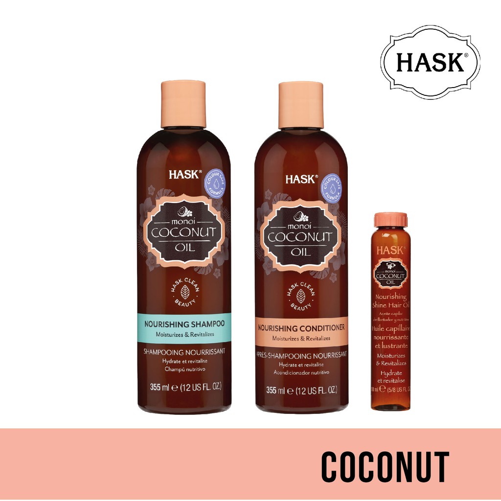 Hask Monoi Coconut Oil Nourish Bundle Set (Shampoo, Conditioner, Oil